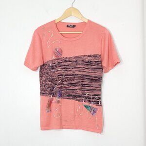 Moffi Pink Salmon Black Graphic Retro Short Sleeve Crew Neck Knit T-Shirt Size S